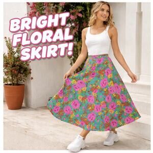 Fold Over Vivid Vibrant Flowy Stretchy Floral 60’s Vibe Hippie Grease Maxi S